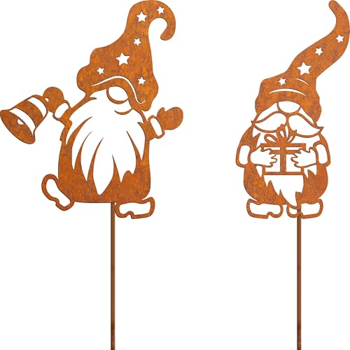 JYUECIAN 2er Set Wichtel Rost Gartenstecker Weihnachtsdeko, Edelrost Zwerg Gartendeko Weihnachten Aâ€¦ – Miniatur