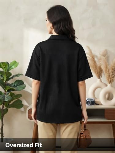 Image of Leriya Fashion Shirts for Women | Cuban Collar Textured Half Sleeve Button-Down Casual Shirt | Relaxed Fit Shirt Everyday Office Wear & Vacation Wear