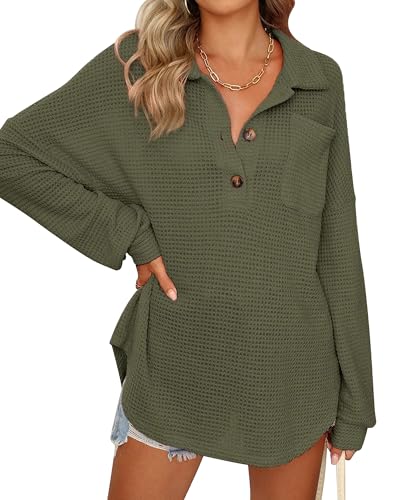 Women Waffle Knit Tops Henley Shirts Long Sleeve V...