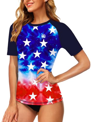 Image of AOBUTE Women Short Sleeve Rash Guard Gradient Sun Protection Swim Shirts