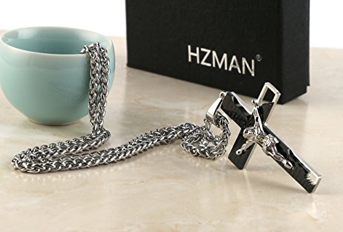 Hzman Men's Stainless Steel Cross Crucifix Bible Prayer Pendant Necklace 22+2" Chain, Black Silver #TOP4