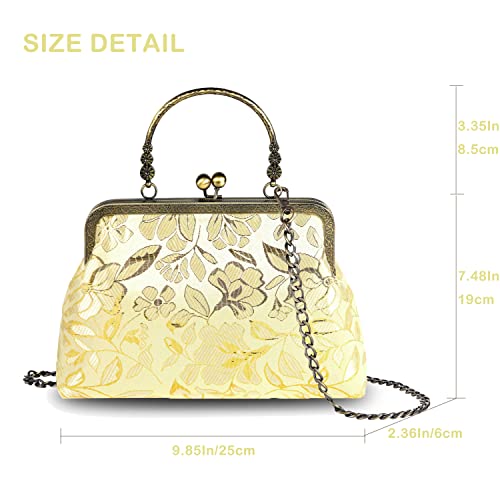 Floral Top-Handle Handbag, Kiss Lock Evening Bag For Women, Vintage Purse With Chain, Women's Retro Clutch Bag For Party Yellow-Leaf #TOP1