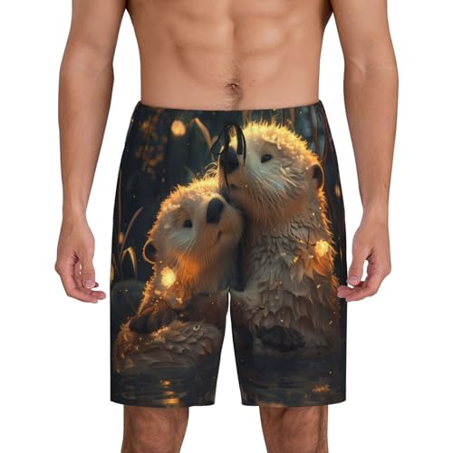 Mens Pajama Shorts with Pockets - Adorable Otter Pair Hug Soft Lounge Pj Sleep Shorts Pajama Bottoms for Men