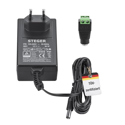 STEGER 12V Netzteil 2,5A 30W, zertifizierte Stromversorgung für Spielzeug, LED, Modellbau und IT-Geräte, 12 Volt Netzgerät mit Stecker 5,5mm x 2,1mm, Universal Netzteil 100-240V AC/DC Adapter 50-60Hz