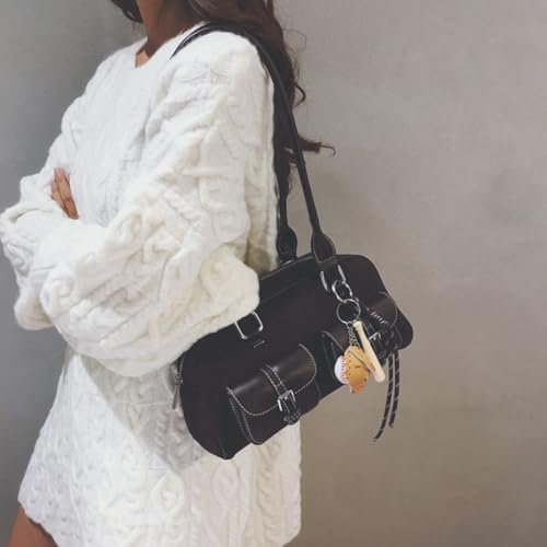 Suede Shoulder Bag Retro Top Handle Bag Y2k 90s Multiple Pockets Handbag Faux Leather Underarm Purse With Pendant2