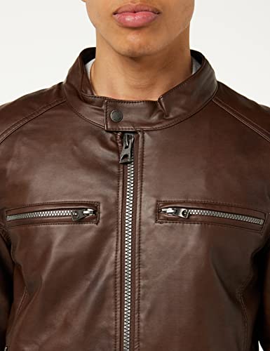 Guess Men's Faux Leather Hooded Moto Jacket, Brown, Small #TOP5