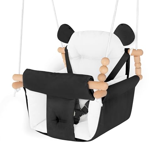 Baby Swing Indoor Outdoor,Secure Canvas Wooden Toddler Swing Seat, 3-Point Adjustable Safety Harness,Mounting Hardware Included,Gift for Boys and Girls,Black & White