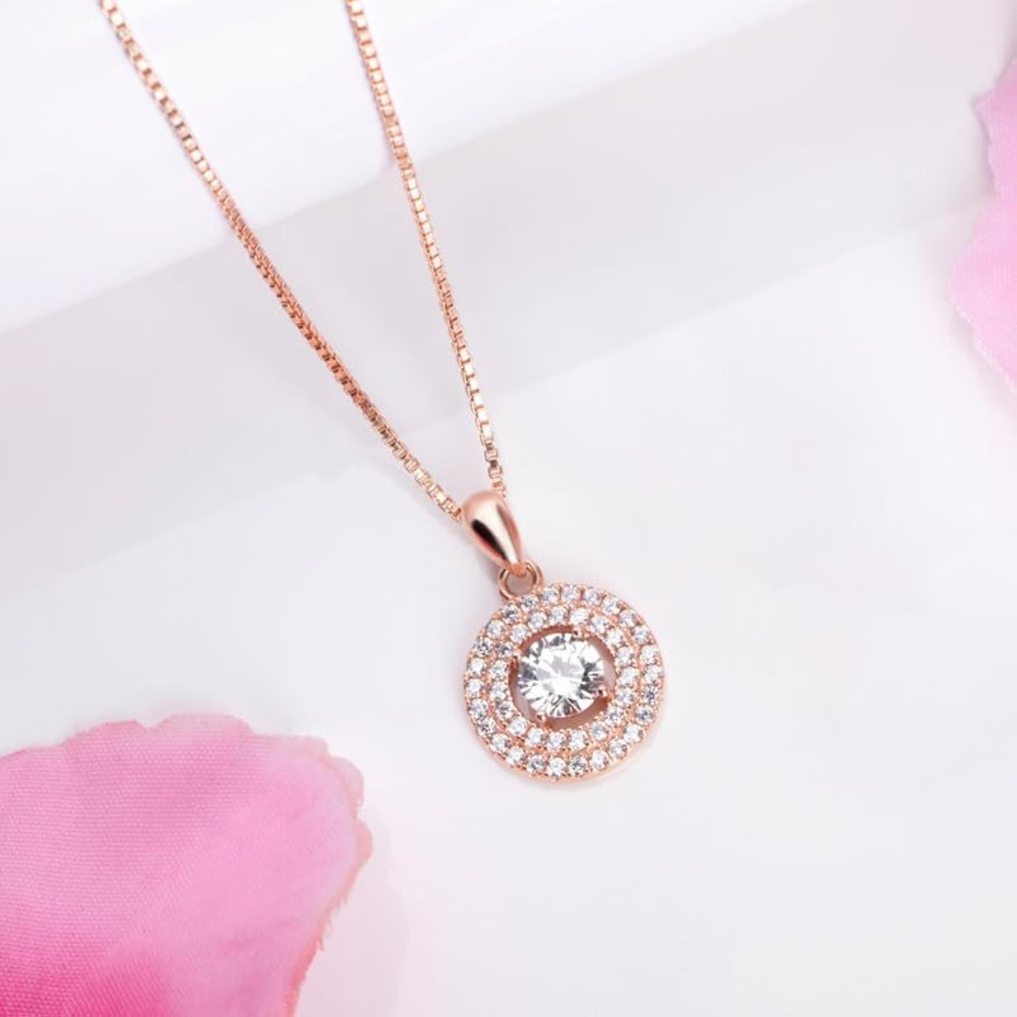 Women's 925 Sterling Silver Circular Solitaire Halo Pendant Chain, Rose Plated