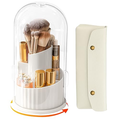 mumisuto Porta Pennelli Make Up, 360° Rotante Porta Pennelli Trucco con 5 Scomparti, Portapennelli da Trucco con Coperchio Antipolvere per Rossetti/Profumo, per Bagno, Scrivania, Piano di Lavoro