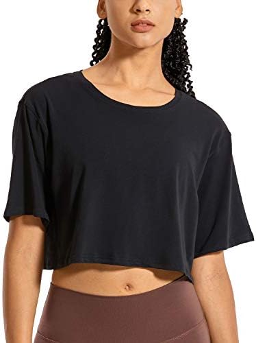 CRZ YOGA Women's Pima Cotton Workout Crop Tops Short Sleeve Yoga Shirts Casual Athletic Running T-Shirts Black Small