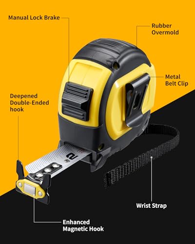 Firecore Tape Measure 25 ft with 1/8 Fractions, Magnetic Double-Hook Measuring Tape Retractable, 1" Wide Easy Read Both-Side Measurement Tape with Nylon Coating,Finger Brake for Construction Carpenter