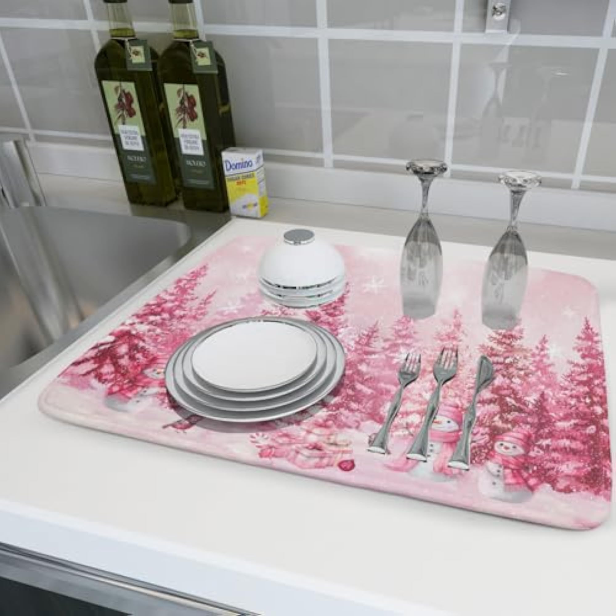 Pink Forest Dish Drying Mat, Absorbent Coffee Mat