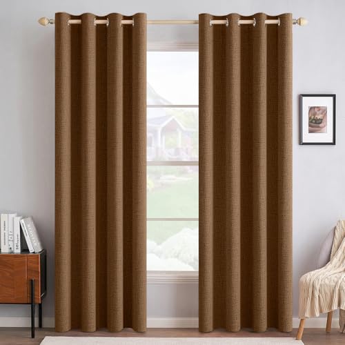 Image of MIULEE 100% Blackout Linen Curtains for Bedroom Thermal Insulated Brown Grommet Room Darkening Curtains & Drapes Fall Decor for Living Room 52 x 96 Inch (2 Panels)