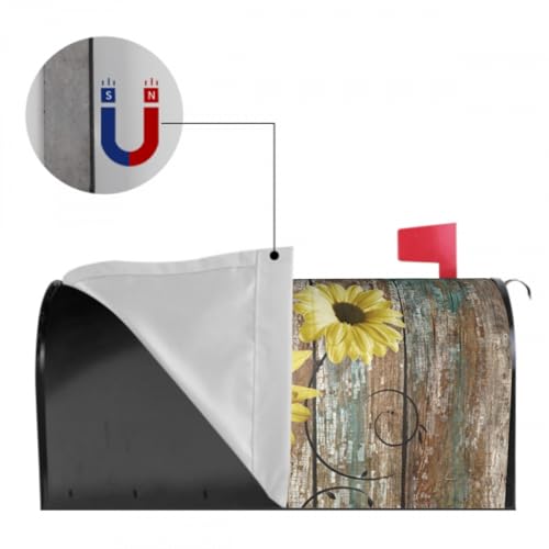 Image of Rustic Daisy Board Mailbox Cover Magnetic, Yellow Sunflowers Vintage Wood Grain Plank Mailbox Wrap Letter Post Box Cover for Yard Garden Outside Home Decor, Standard Size 21x18 Inch