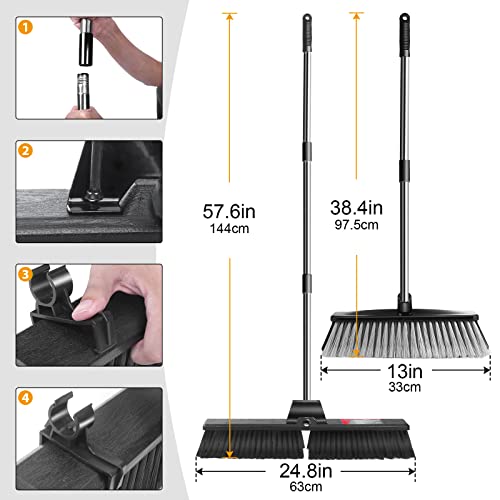 Almcmy Push Broom,24" Upgrade Heavy Duty Broom With Stainless Steel Long Handle&Stiff Bristles,Outdoor Non Scratch Garage Broom For Patio, Sidewalk, Driveway, Yard,Send A Broom Heads #TOP1