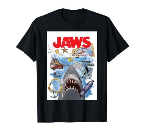 Image of Jaws 50th Anniversary Poster Amity Island Collage 2-Sided T-Shirt