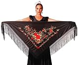 AMINA JAADE Mantón flamenco grande. Medida 195X95cm sin contar los flecos (30cm), bordado a una cara. (Negro bordado Rojo-dorado)