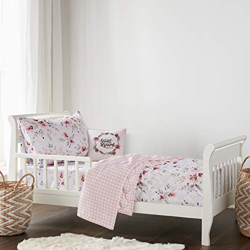 Levtex Baby - Adeline Toddler Bed Set - Blush, Pink, Grey And White - Classic Floral - 5 Piece Set Includes Reversible Quilt, Fitted Sheet, Flat Sheet, Pillow Case, Decorative Pilow #TOP1