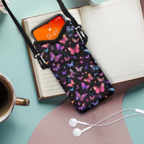 Image of Women Men Small Crossbody Phone Bag Cellphone Wallet Purse Compatible with Most Smartphones Phone Carry Pouch for Travel, Outings, Beach, 8 x 4 inch, Galaxy Butterfly Pink Violet Black