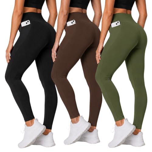 Kit 3 Calças Legging Feminina Grossa Cintura Alta Com Bolso (BR, Alfa, G, Regular, Regular, Preto/Marrom/Verde)