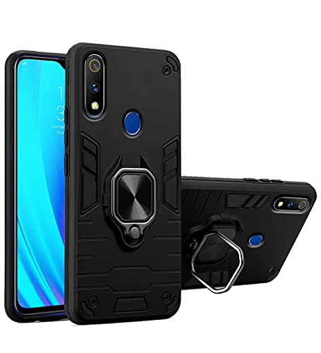 Image of Pikkme D5 Tough Armor Bumper Back Cover Case for Realme 3 Pro |Ring Holder & Kickstand in-Built (Black)