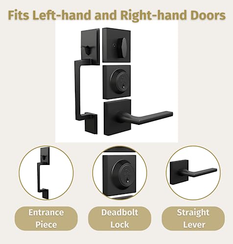 Image of Mega Handles - TOBELLE Black Entry Door Handleset - Single Cylinder Handleset with Lever for Entrance and Front Doors - Modern Door Handles for Left and Right-Handed Doors - Straight Handle