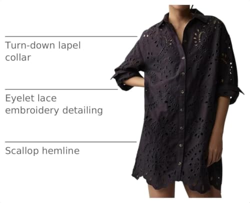 Image of CHARTOU Women Eyelet Lace Dress Button Down Shirt Loose Fit Summer Casual Mini Dress