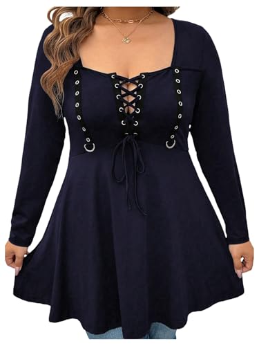 Image of SOLY HUX Women's Plus Size Peplum Tops Lace Up Square Neck Long Sleeve Ruffle Hem Tee Flowy Casual T Shirt