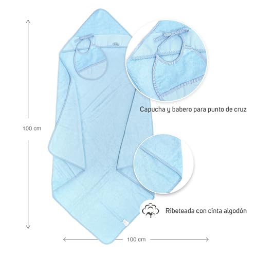 Miniatura 2 de Ti Tin Pack Capa De Baño De Bebé Capucha Babero De Punto De Cruz 100 Algodón Con Tacto Muy Suave, Color Azul Cielo, Tamaño 100x100 Cm