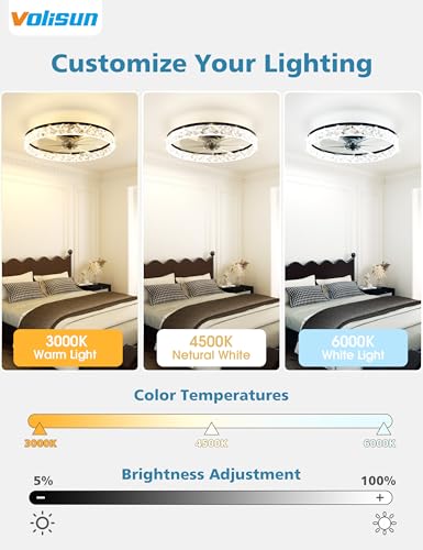 Image of VOLISUN Low Profile Ceiling Fan with Lights and Remote, No Assembly, 20in Modern Ceiling Fans Flush Mount, 3000K-6500K Dimmable Bladeless LED Fan Light, Black Fandelier Ceiling Fans for Bedroom