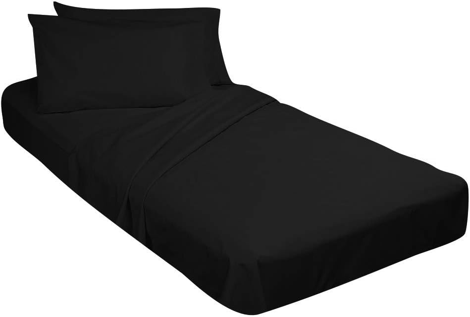100% Egyptian Cotton, 4 Piece Toddler Bed Set-Fitted Bottom Sheet, Flat Top Sheet, Standard Size Pillowcase, Black-8 Inch Pocket Length