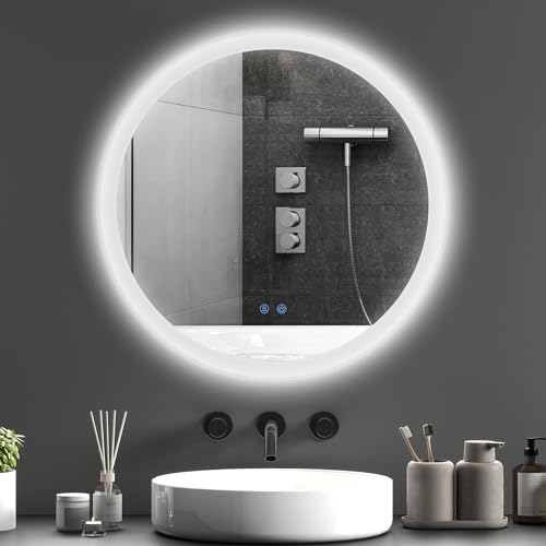 kleankin Espejo Baño con Luz Redondo, Ø60 cm, Espejo de Pared con 3 Colores de Luz, Brillo Regulable, Función Antivaho, Función de Memoria, Interruptor Táctil, IP44, Plata