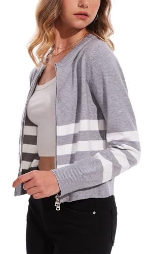 Image of MISS MOLY Women's Striped Cardigan Sweaters Full Zip Trendy Long Sleeve Round Neck Dressy Casual Knit Pullover Sweater Grey XS