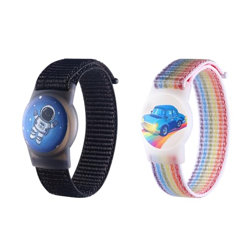 Kids Wristband for AirTag, Adjustable Nylon Watch Band Tracker Case, Breathable, Waterproof, GPS Trackers Case Cover, Anti Lost watchband for Toddler Child (1pcs-Black Astronaut/ 1pcs White car)