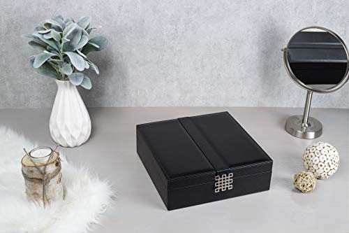 Glenor Co 12 Section Necklace Organizer - Large Mirror - 2 Trays - Pu Leather - Black - Classic Jewelry Box - Modern Buckle Closure - Fits Necklace & Bracelet - Jewelry Holder For Women Teens & Girls #TOP4