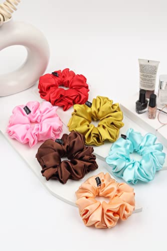 Image of Premium Satin Scrunchies for Women | Hair Bands, Ponytail Holders & Rubber Bands | Oversize, Fluffy, No-Damage Hair Ties | Girls Hair Accessories | Extra Large Size | Pack of 6