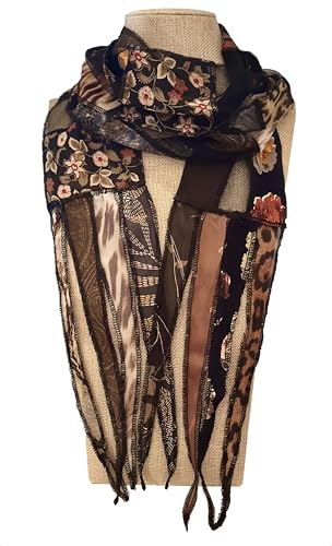Women’s Chestnut Colored Handmade Oblong Patchwork Scarf made from Assorted Recycled Fabrics, Black Tulle with Tail Accents – LRW DESIGNS