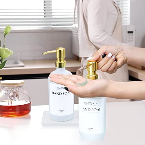 Kitchen Soap Dispenser Set With Ceramic Tray Stainless Steel Pump,16Oz Glass Dish Soap Hand Soap Dispenser Modern Soap Dispenser Bathroom Set With Waterproof Labels (White Bottles +Gold Pumps) #TOP4
