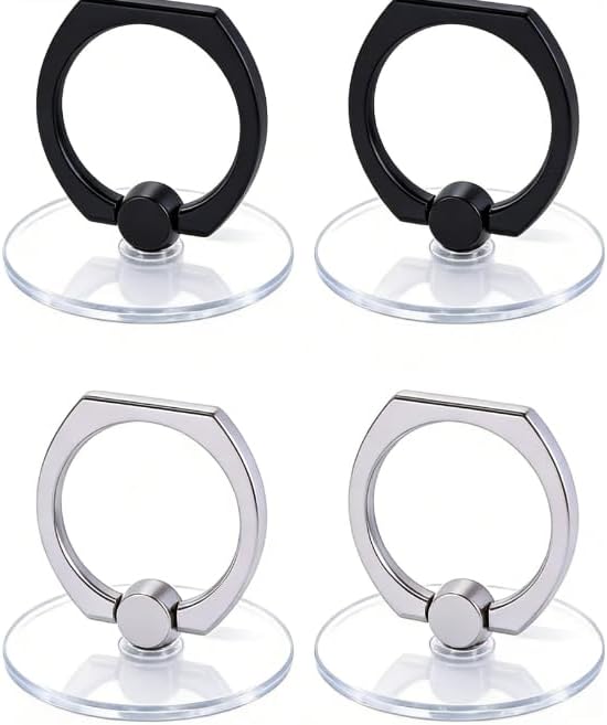 4 PCS Phone Ring Holder Stand, 360° Rotatable & 180° Foldable Finger Grip - 2 Black + 2 Silver, Strong Adhesive for iPhone/Android Phones & Tablets