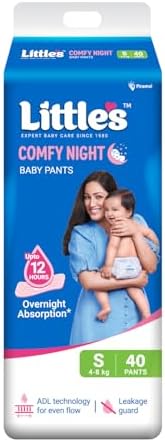 Little's Baby Diapers S Size (Small) Pants Style | 4-8 kg | 40 Count | Comfy Nights Baby Diaper Pants with Leakage Guard & Upto 12 Hours Absorption (40 Count, Pack of 1)
