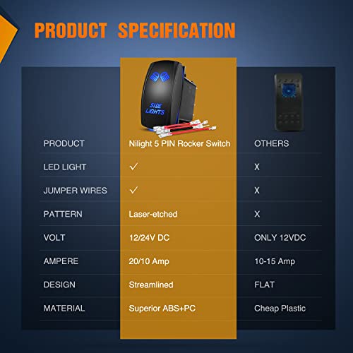 Nilight Side Lights Rocker Switch Led Light Bar 5Pin Laser On Off SPST switches 20A/12V 10A/24V Blue with Jumper Wires Set for Cars Trucks RVs by Nilight - Image 6