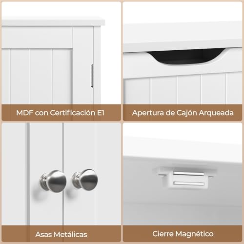 Miniatura 4 de Yaheetech Armario Baño De Suelo Mueble Baño Con 4 Cajones Mueble Auxiliar Cómoda Armario Con 2 Puertas, Estante Ajustable 81x30x83 Cm Blanco