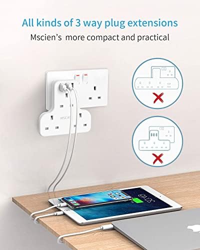 Mscien 3 Way Plug Extension with USB, Multi Plug Extension Sockets with 3 USB, Wall Plug Adapter Turn 1 into 3, Compact Power Extension Adapter