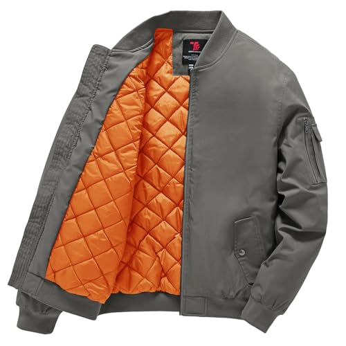 Gopune Men's Windproof Bomber Jacket Warm Water Resistant Windbreaker Winter Outwear Quilted Jackets Coats Deep Grey Orange,XL