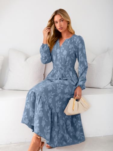 Simplee Women's Boho Floral Long Sleeve Maxi Dress Fall V Neck Empire Waist Swing Flowy Wedding Guest Dress Dusty Blue M — view 6