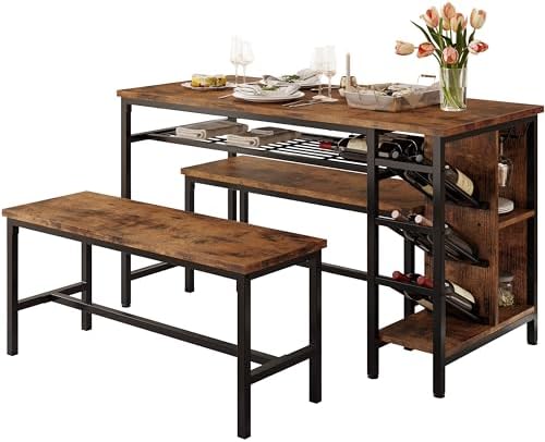 IRONCK 3-Piece Dining Table Set for 4, 47inch Kitchen Table with 2 Benches, Wine Rack and Glass Holder, Space-Saving Dinette, Vintage Brown