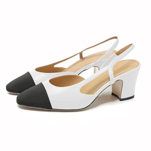 Jimishow Slingback Heels For Women White Two Tone Pumps Chunky Heel Closed Toe D’orsay Sandals Cap Toe Quarter Strap 2 Inches Block Heel Sexy Dress Pump Shoes Size 5-13 Us #TOP2