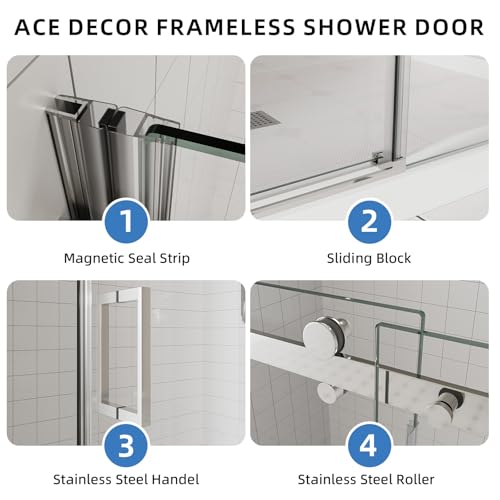 ACE DECOR 56-60" W x 58" H Frameless Bathtub Sliding Doors, Glass Shower Door for Tub with 5/16" (8mm) Clear SGCC Tempered Glass, Chrome Finish Shower Doors, Reversible Installation by ACE DECOR - Image 3