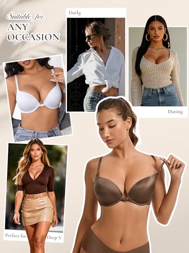 Image of Front Closure Bra Push Up Plunge V Front Clasp Bras Padded Add Cup Demi Underwire Lift T Shirt Smooth Bralette