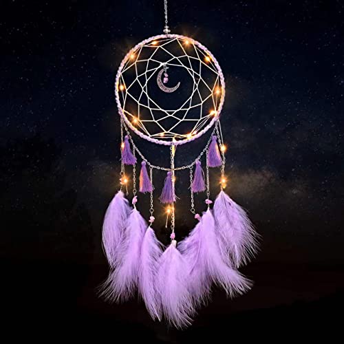 Led Dream Catchers - Handmade Dream Catcher For Adults Girls Boys, Light Up Dream Catcher For Bedroom Decor Wall Hanging Ornament, Creative Moon Dream Catcher With Feathers And Led Lights (Purple) #TOP5